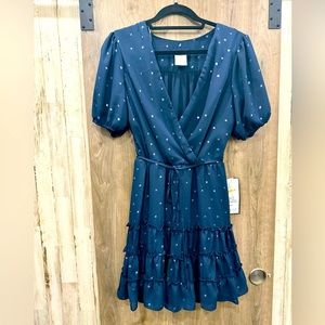 NWT B. Darlin silver star pattern, puff short sleeve, navy ruffle dress size 7/8